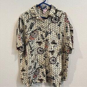 Jack Mulqueen size Large vintage men’s silk shirt novelty print explorer